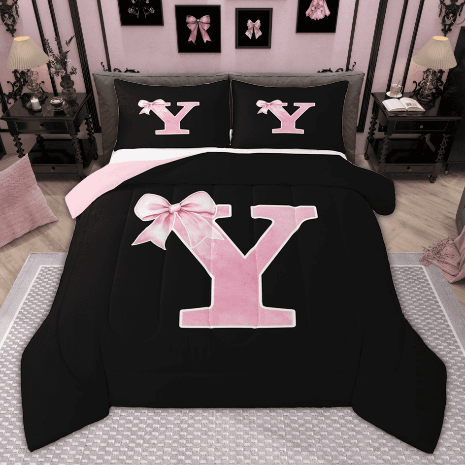 Manfei Monogrammed Girl Bedding Comforter Set, Personalized Initial Y Twin Comforter Sets, Princess Bow Knot Bedding Set, Black Pink Bedroom Decor, Reversible 2 Pieces