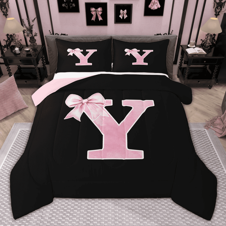 Manfei Monogrammed Girl Bedding Comforter Set, Personalized Initial Y Twin Comforter Sets, Princess Bow Knot Bedding Set, Black Pink Bedroom Decor, Reversible 2 Pieces