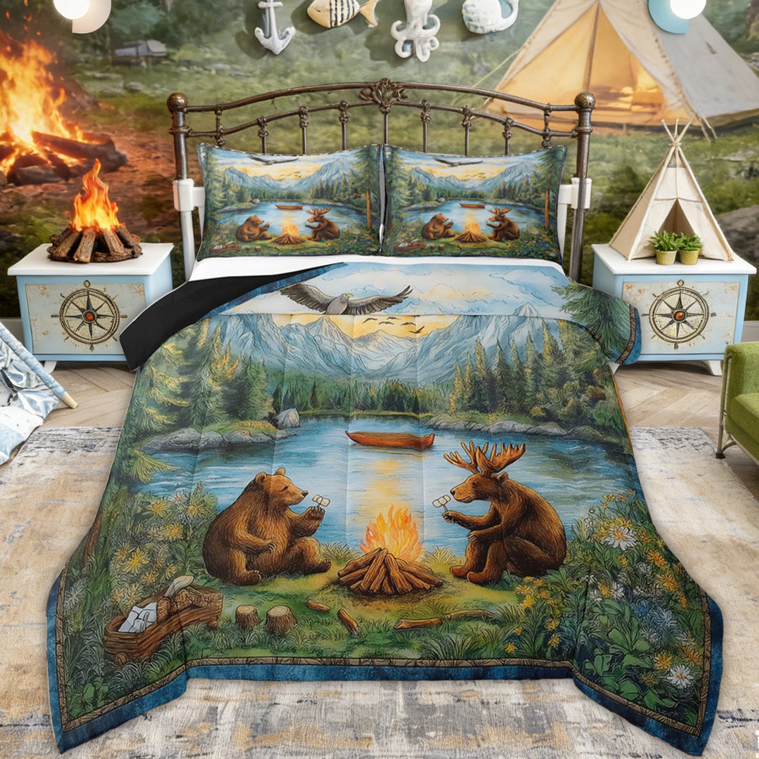 Erosebridal Bear Moose Animal Queen Comforter Set, Lake Mountain Campfire Bedding Comforter Set for Boys and Girls, 3 Pieces