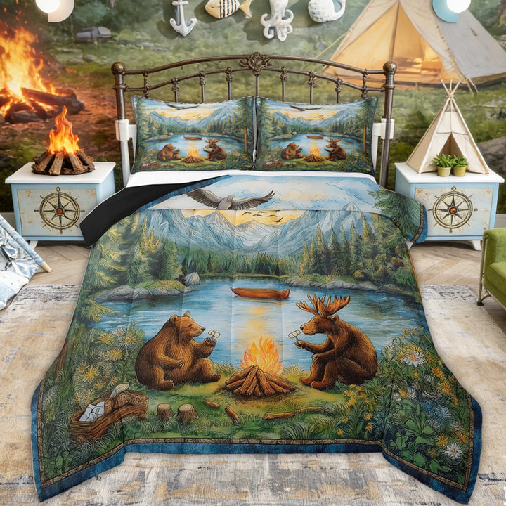 Erosebridal Bear Moose Animal Queen Comforter Set, Lake Mountain Campfire Bedding Comforter Set for Boys and Girls, 3 Pieces