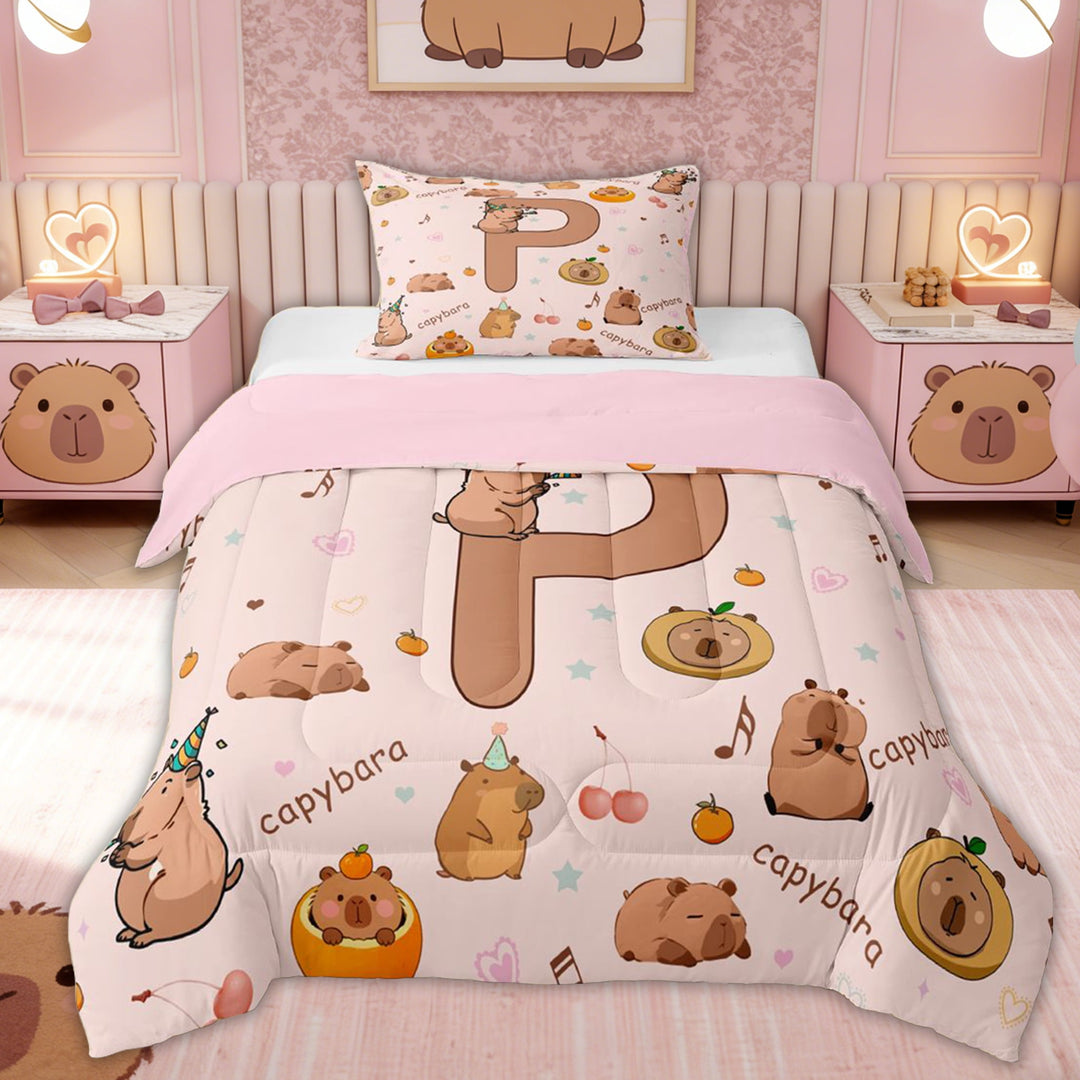 Erosebridal Monogrammed P Kids Twin Comforter Sets, Capybara Animals Bedding Set, 2 Pieces, Pink Reversible