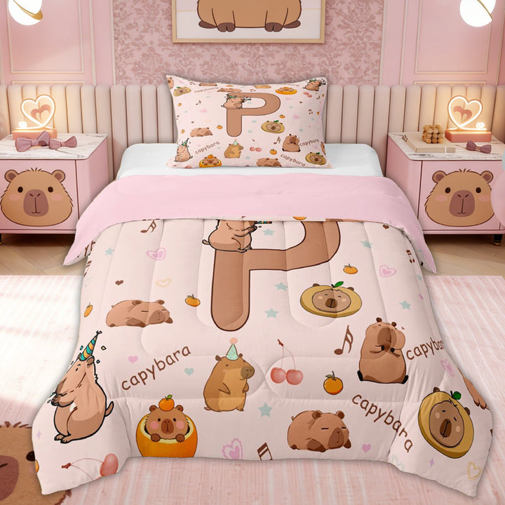 Erosebridal Monogrammed P Kids Twin Comforter Sets, Capybara Animals Bedding Set, 2 Pieces, Pink Reversible