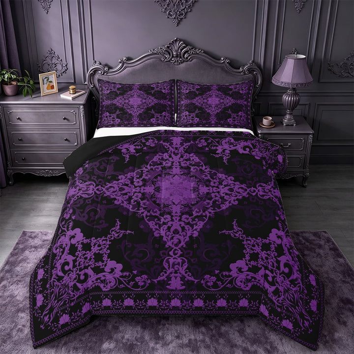Erosebridal Vintage Victorian Flower Queen Comforter Set,Damask Theme Bedding Comforter Set For Men Women,Reversible black,3-Piece