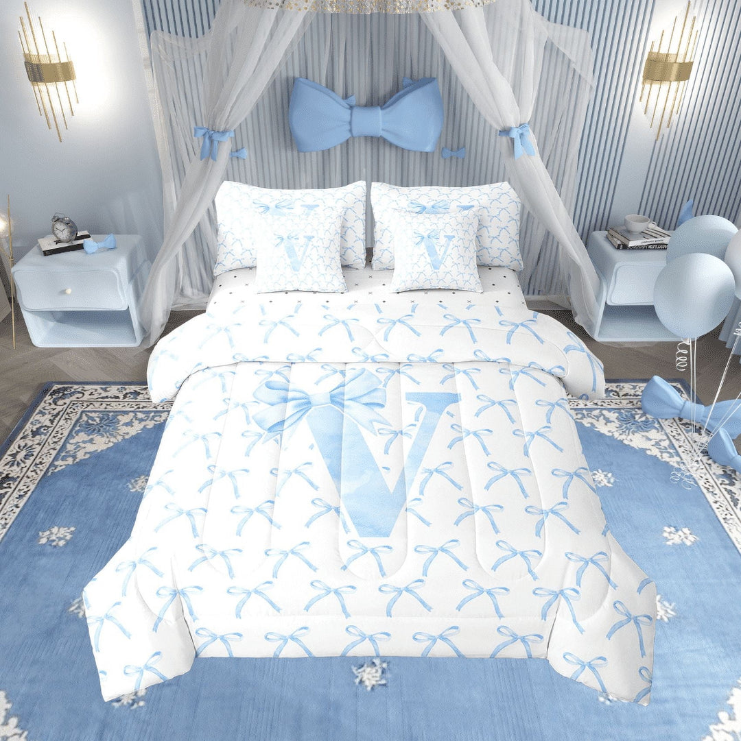 Erosebridal Kawaii Bowknot Bedding Sets Twin Size,Initial Letter Comforter Sets with Sheets,Monogrammed Decor,Reversible,7pcs