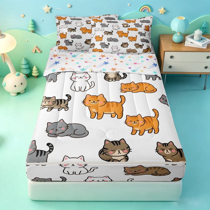 meiyoeat Cute Cat Cartoon Zipper Full Size Comforter Sets with Fitted Sheet and 2 Pillowcases,Kitten Animal Print Zipper Bedding Set For Girls,Colorful Stars Reversible,4-Piece