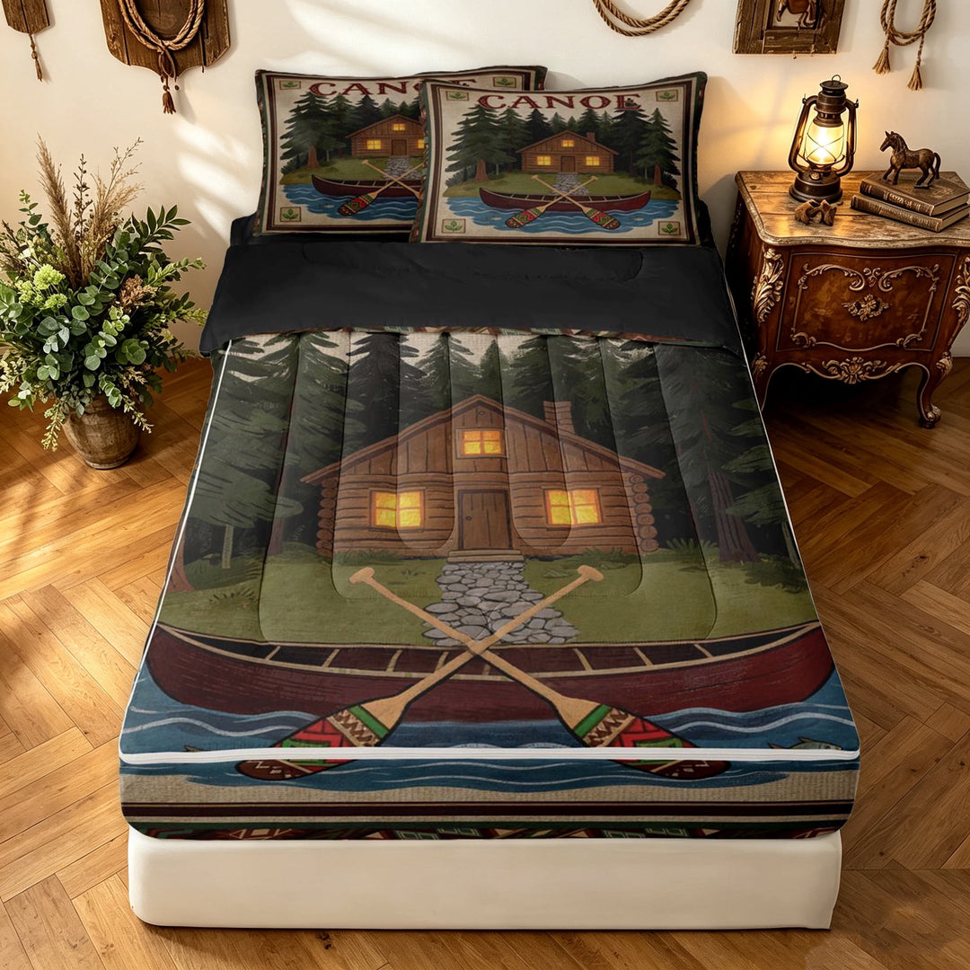 meiyoeat Retro Folk Cabin Camping Zipper Twin Comforter Sets with Fitted Sheet and 2 Pillowcases for Men Boys, Woodland Mountain Lake Paddle Zipper Bedding Set, Brown, Black Reversible, 4-Piece