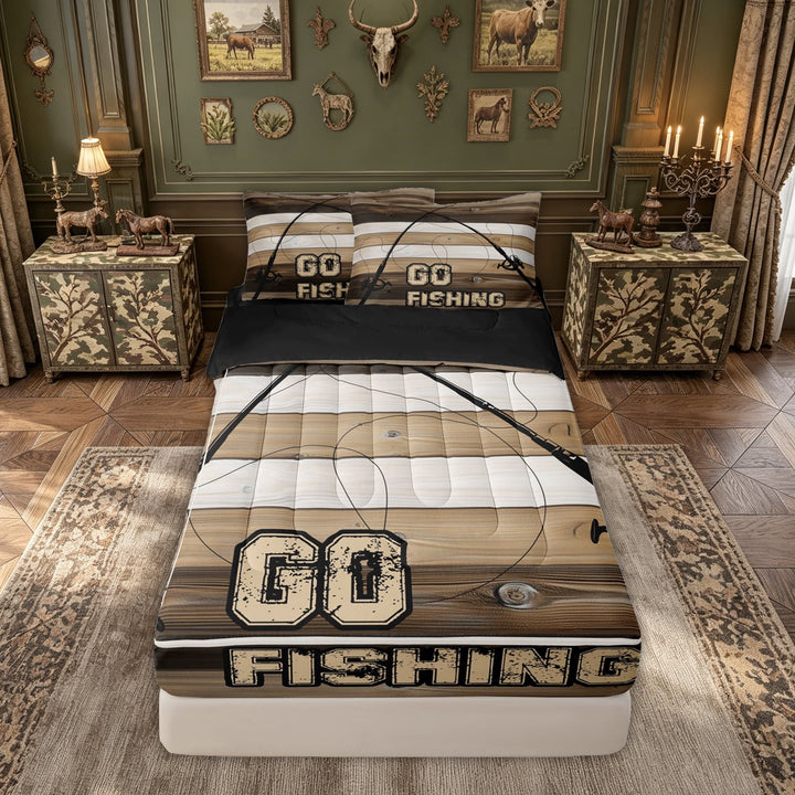 meiyoeat Vintage Go Fishing Zipper Comforter Set with Fitted Sheet and 2 Pillowcases for Men Boys, Rustic Wooden Plank Zipper Bedding Set, Brown, Black Reversible, 3pcs