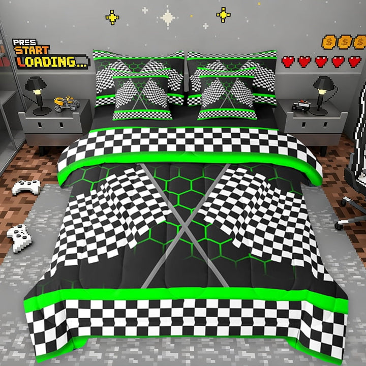 Erosebrida Racing Flag Bedding Twin Size, Neon Green Honeycomb Comforter Sets With Sheets, Extreme Racing Car Sportsbedding Sets Twin Size, Microfiber Room Decorative,7Pcs Reversible