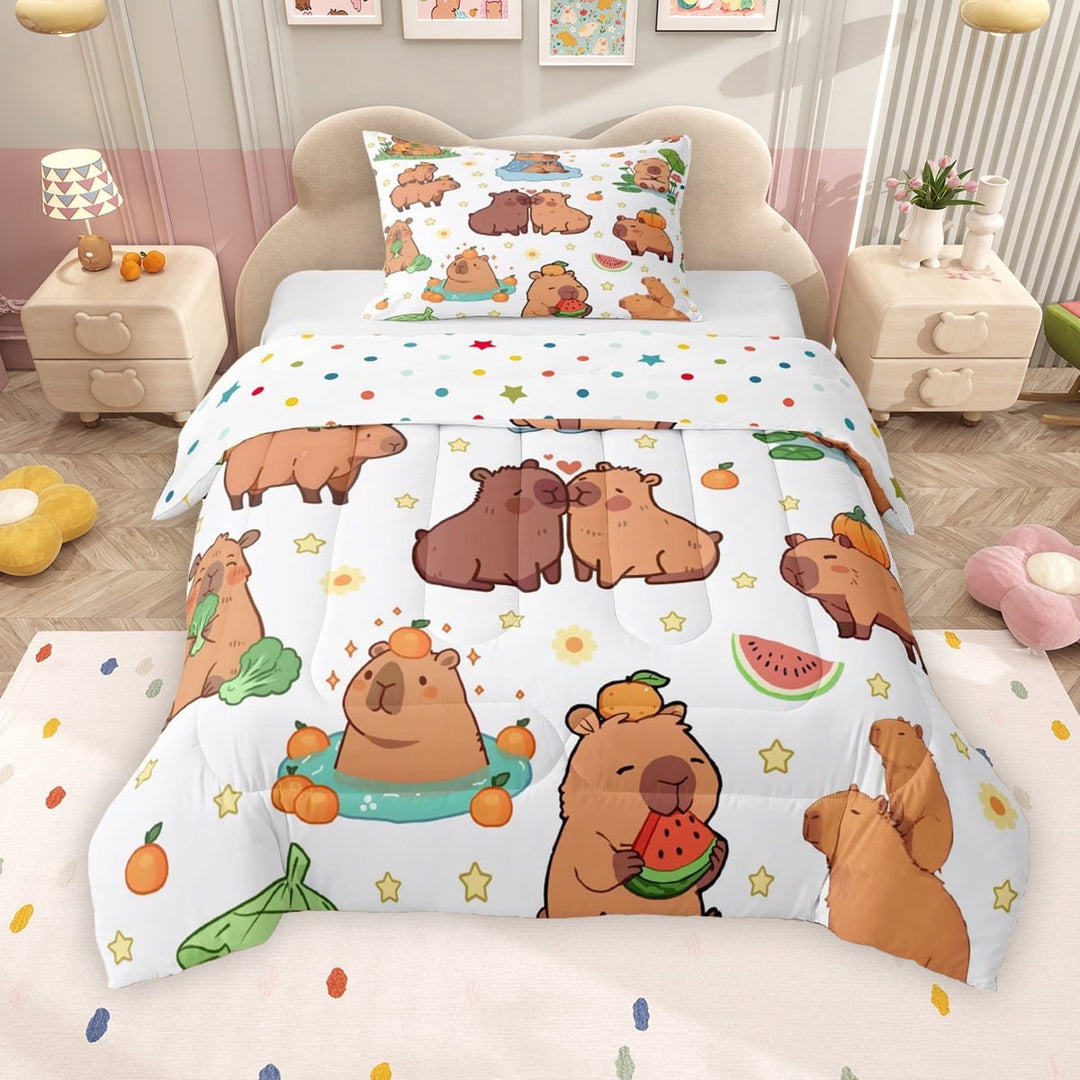 Erosebridal Funny Capybara Twin Comforter Sets for Kids Boys Girls, Cartoon Animal Bedding Set, Colorful Polka Dots Reversible, 1 Comforter and 1 Pillowcase