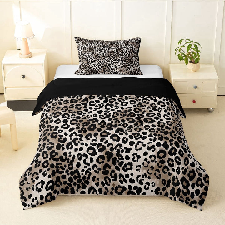 Erosebridal Leopard Printed Kid Twin Comforter Sets, Farmhouse Cheetah Print Bedding Set, Black Reverisble, 2 Pieces