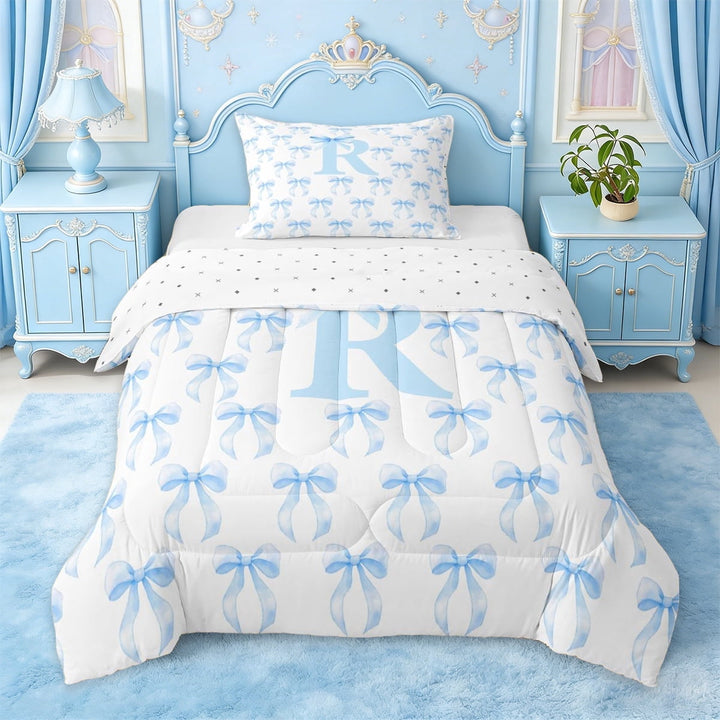 Erosebridal Letter R Initial Print Twin Comforter Sets For Girls,Blue Ribbon Bow Tie Kids Bedding Set,Reversible,2-Piece
