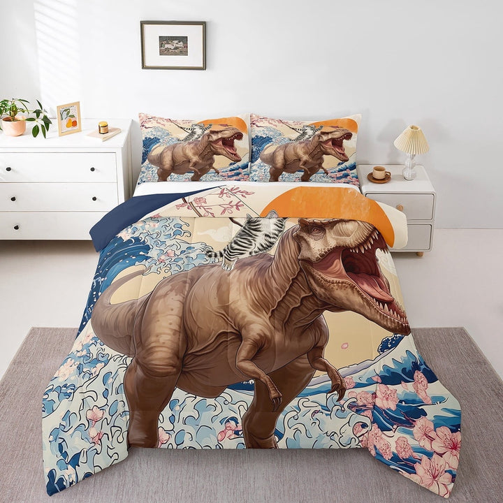 Funny Twin Bedding Sets for Bedroom Cat Riding Dinosaur Comforter Set, Japanese Style Bedding Comforter Sets Oriental Asian Duvet Insert, Ocean Wave Wildlife Down Comforter