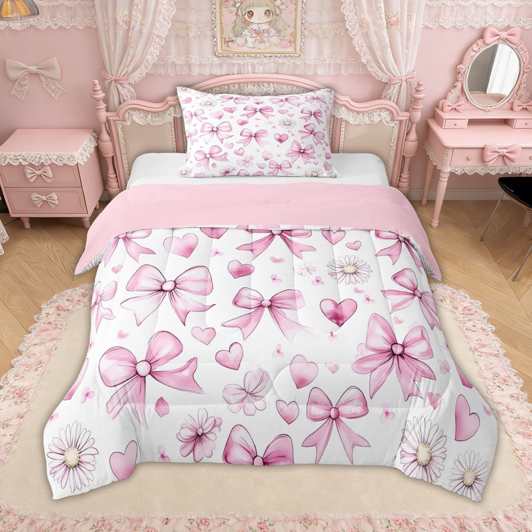 Erosebridal Pink Bow Heart Flower Twin Comforter Sets for Girls, Watercolor Groovy Bedding Set, Pink Reversible, 2 Pieces