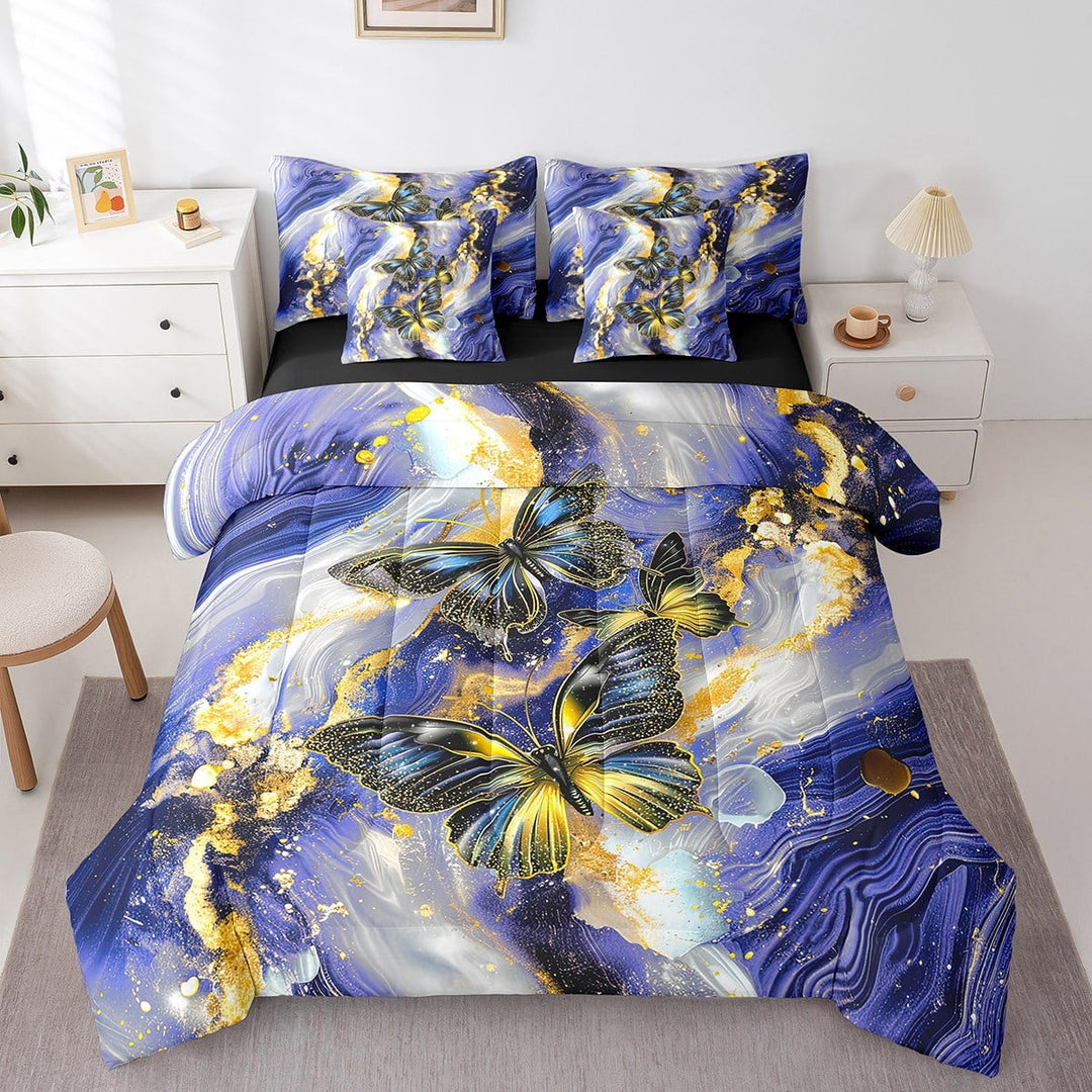 Navy Blue Marble Bed in a Bag Queen Comforter Set 7 Piece Black Butterfly Bedding Sets,Gold Marbling Sheet Set Abstract Ombre Ink Fluid Art Bed Set,Rustic Animal Butterflies Room Decor Aesthetic