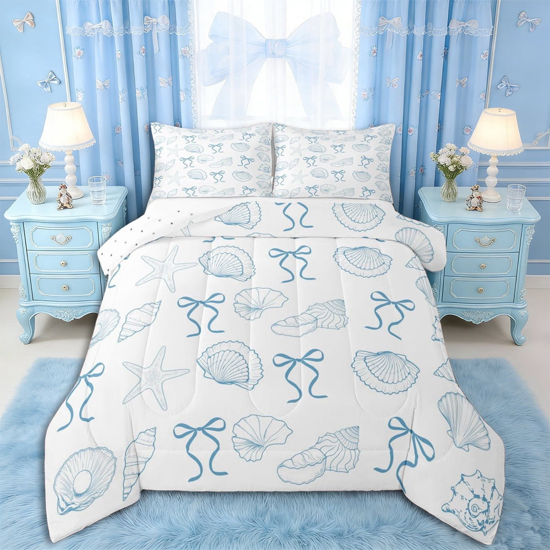 Erosebridal Kawaii Seashell Bowknot Queen Comforter Set 3pcs for Kids Girls,Teens Sea Theme Starfish Bedding Comforter Set,Super Cozy Room Decor