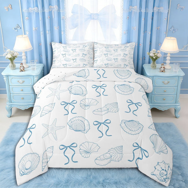 Erosebridal Kawaii Seashell Bowknot Queen Comforter Set 3pcs for Kids Girls,Teens Sea Theme Starfish Bedding Comforter Set,Super Cozy Room Decor