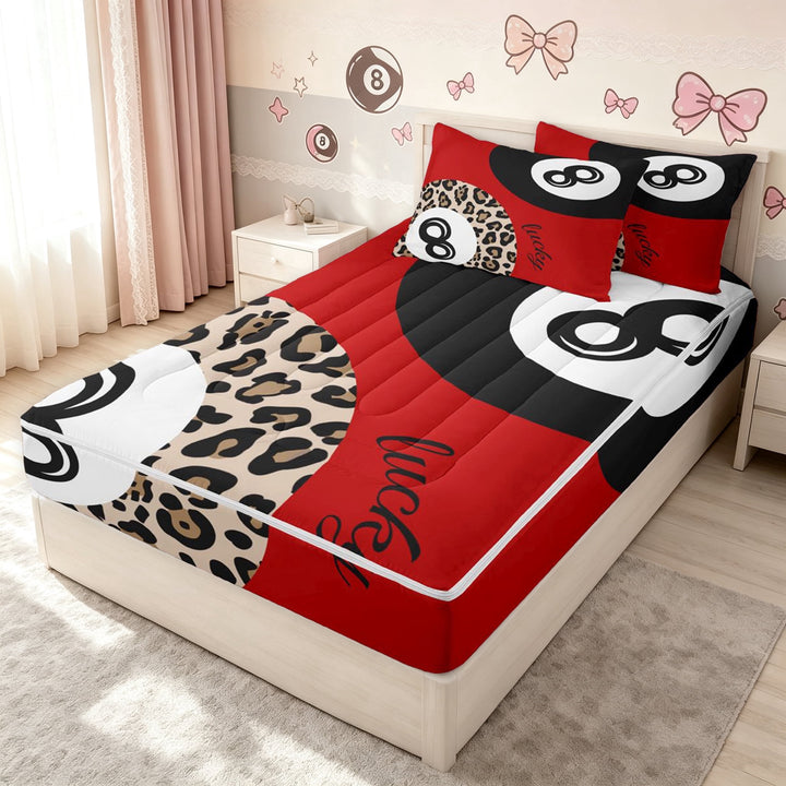 meiyoeat Retro Lucky 8 Ball Zipper Full Size Comforter Sets with Fitted Sheet and 2 Pillowcases for Girls, Leopard Print Billiards Zipper Bedding Set, Red Black, Black Reversible, 4 Pieces