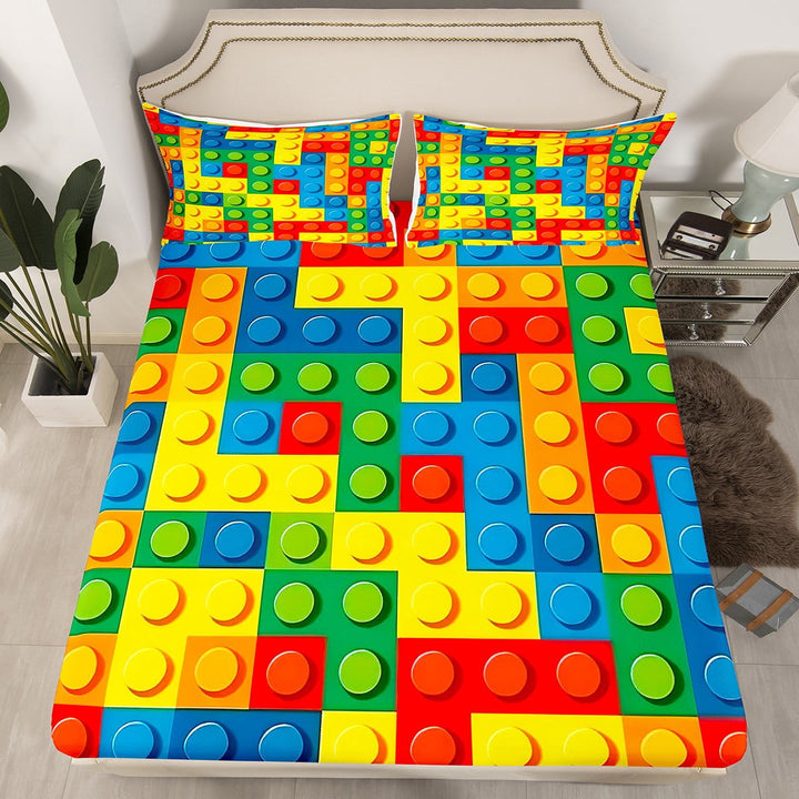 Games Bed Sheet Set Bedroom Color Building Blocks Fitted Sheet Gift Toy Brick Bedding Set Nursery Bed Cover with Pillowcase Decor 2 Pcs Twin Size