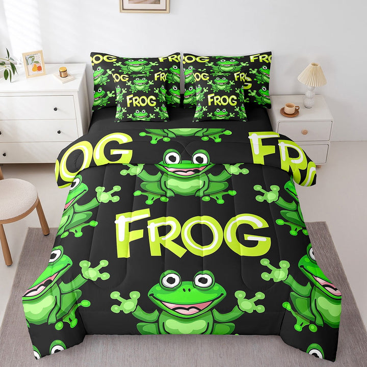Funny Frog Bedding Set Cute Cartoon Frog Twin Comforter Set 7 Piece Tropical Wildlife Bed In A Bag Rainforest Animal Bed Set Bedroom Decor