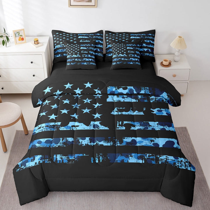 American Flag Comforter Set 7 Pieces Bed In A Bag King Size, Camouflage Comforter United States Sheet Set , Usa Federations Stars Bedding Sets For All Seasons, Blue Black