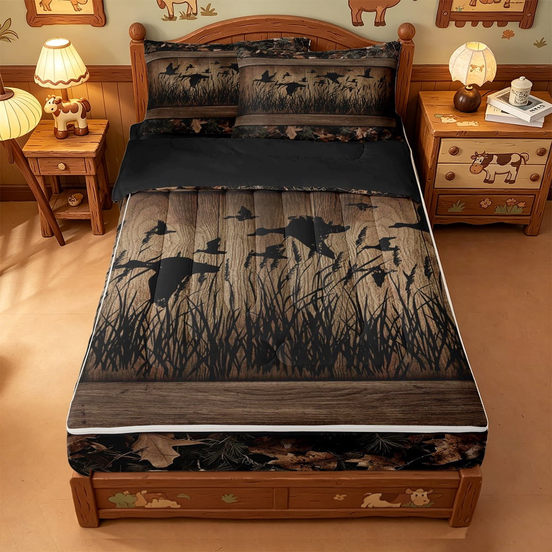 meiyoeat Wild Animal Mallard Zipper Twin Comforter Sets with Fitted Sheet and 2 Pillowcases,Rustic Camo Wood Print Zipper Bedding Set For Kids Boys,Black Reversible,4-Piece