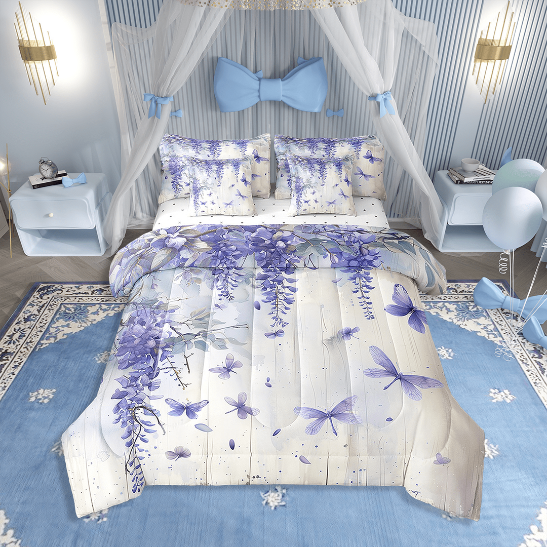 7 Piece Purple Lavender Queen Comforter Set with Sheets,Butterfly Dragonfly Floral Bed in a Bag,Rustic Country Flower Bed Set Wildlife Animal Bedding Set with Fitted Sheet,Flat Sheet