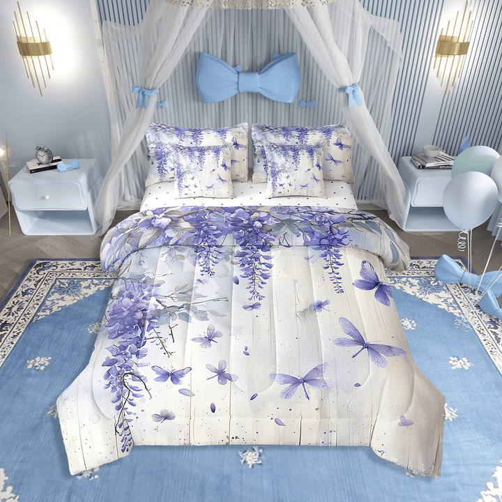 7 Piece Purple Lavender Queen Comforter Set with Sheets,Butterfly Dragonfly Floral Bed in a Bag,Rustic Country Flower Bed Set Wildlife Animal Bedding Set with Fitted Sheet,Flat Sheet