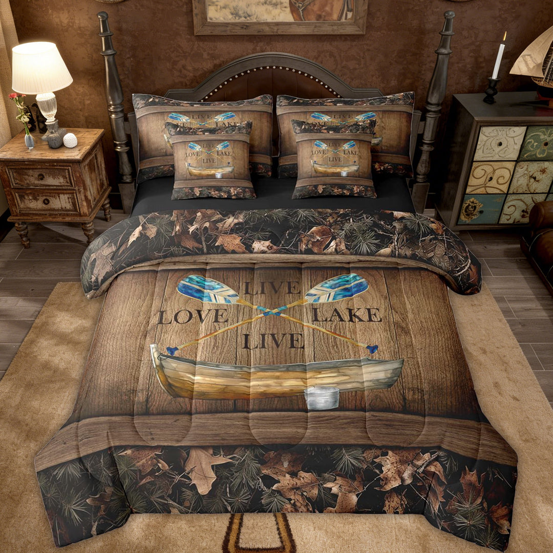 Lake House 7 Piece Comforter Set With Sheets King Lake Paddle Boat Bedding Set Gifts For Men Women,Rustic Cabin Camo Bed In A Bag Woodland Tree Branch Leaves Camouflage Bed Set