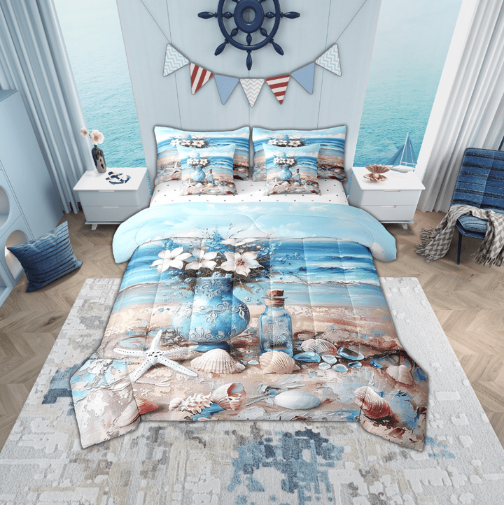 Erosebridal Summer Beach Bed in a Bag Twin Size, Seaside Seashell Conch Starfish Bed Set, Reversible 7 Pieces