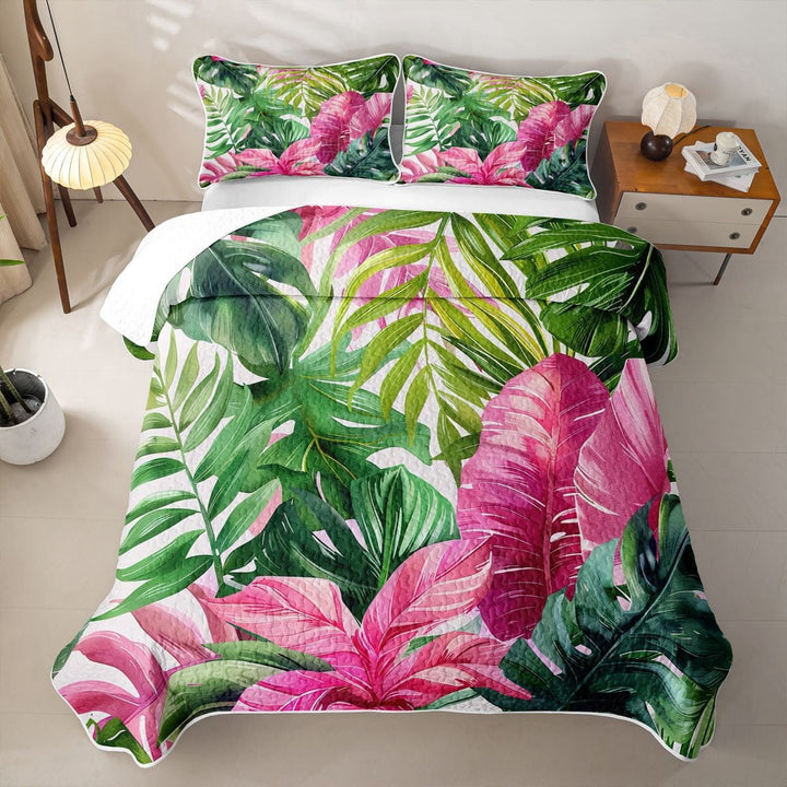 Erosebridal Green Pink Leaves Quilt King for Girls Boys, Tropical Botanical King Coverlet Set, 3pcs