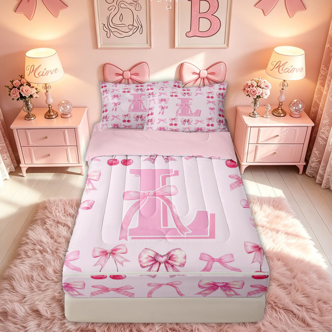 meiyoeat Cute Bow Letter L Zipper Comforter Set with Fitted Sheet and 2 Pillowcases for Kids, Bowknot Cherry Zipper Bedding Set for Kids, Pink, Pink Reversible, 3-Piece