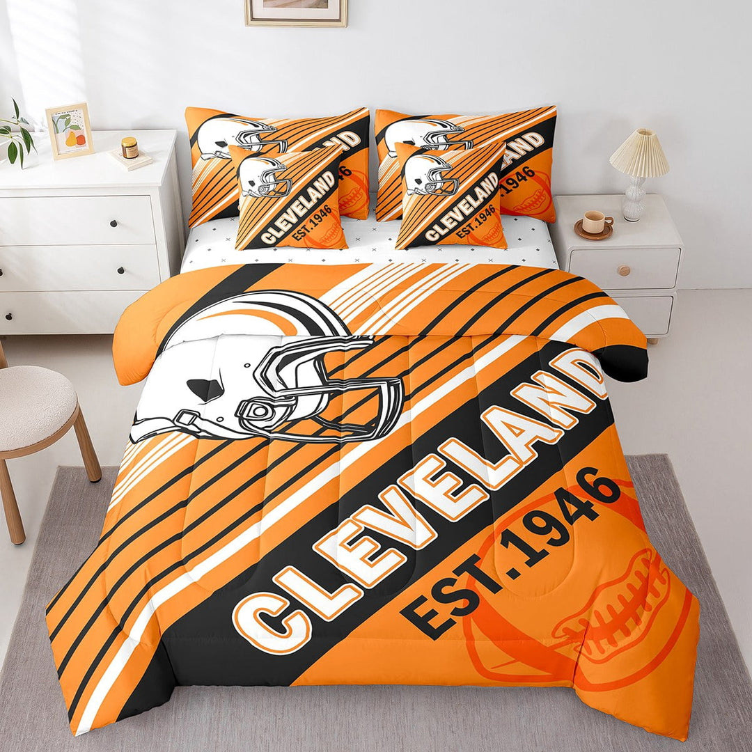 Erosebridal Rugby Bedding Sets Twin Size,Stripes Sport Comforter Sets with Sheets,Football Gaming Decor (Cleveland),Reversible,Breathable,7-Piece