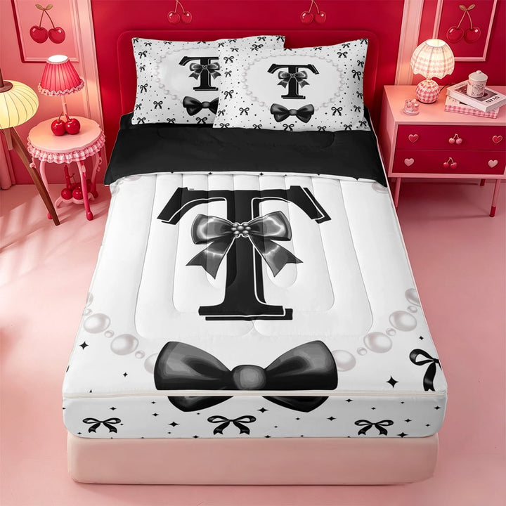 meiyoeat Chic Pearl Necklace Print Zipper Twin Comforter Sets with Fitted Sheet and 2 Pillowcases For Kids,Black Coquette Bowknot Initial Letter T Zipper Bedding Set,Black Reversible,4-Piece