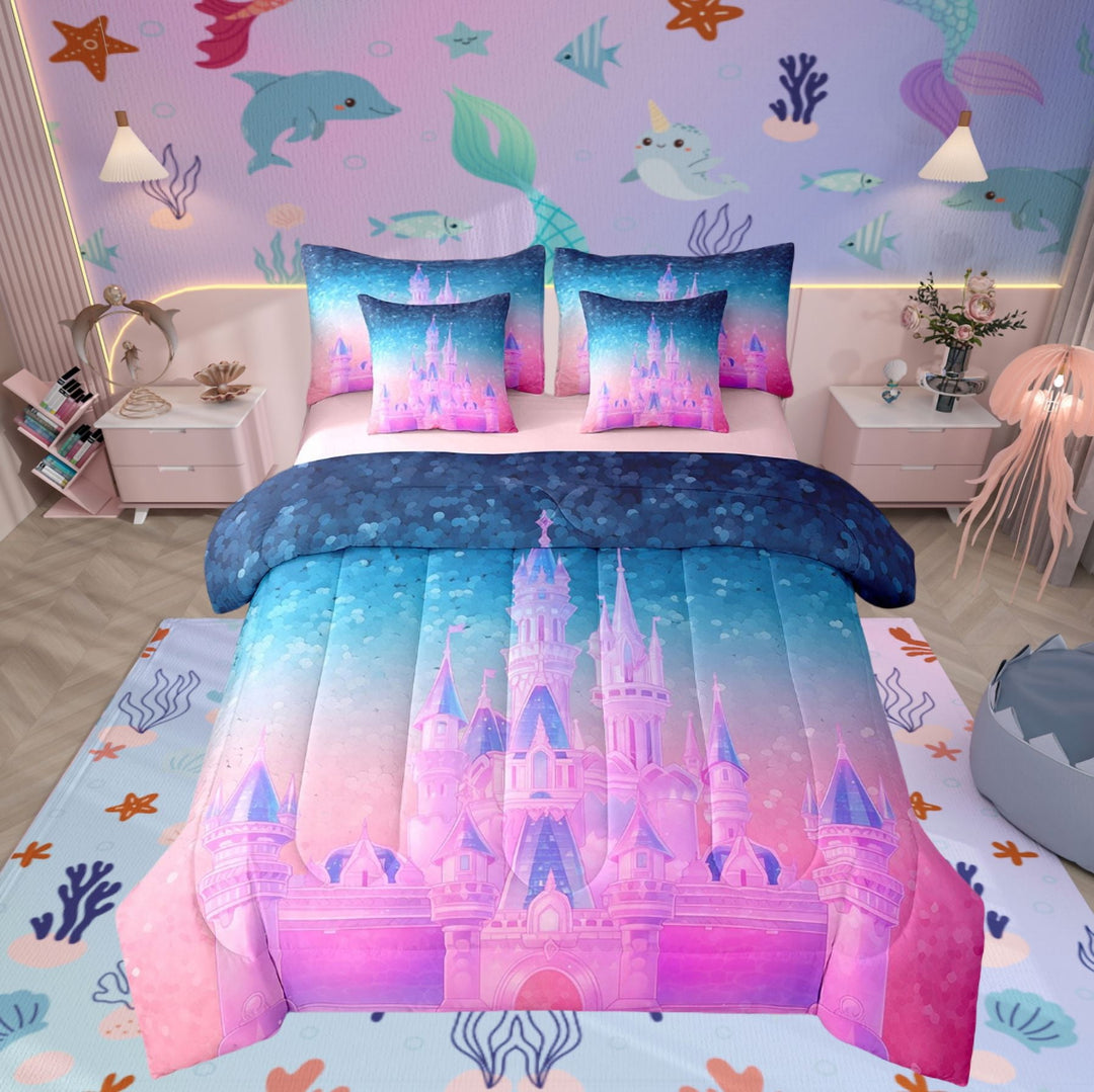 7 Pcs Girls Princess Comforter Set Queen Size,Dreamy Castle Bed In A Bag with Flat Sheet and Fitted Sheet,Blue Mermaid Scales Bedding Set with Pillowcase and Sham Romantic Fantasy Decor
