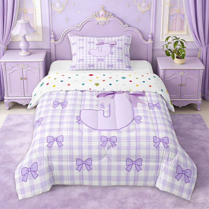 Erosebridal Fashion Bow Tie Twin Comforter Sets For Girls,Purple Plaid Letter J Initial Monogram Bedding Set,Reversible,2-Piece