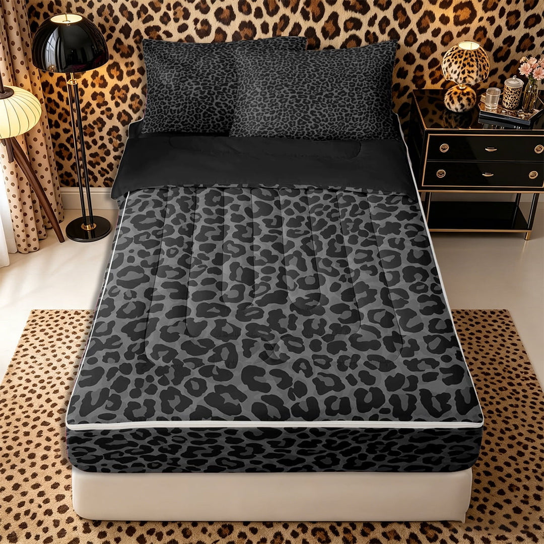 Meiyoeat Neutral Leopard Print Zipper Full Size Comforter Sets with Fitted Sheet and 2 Pillowcases, Monochrome Spot Pattern Zipper Bedding Set, Gray Black,4pcs,Black Reversible