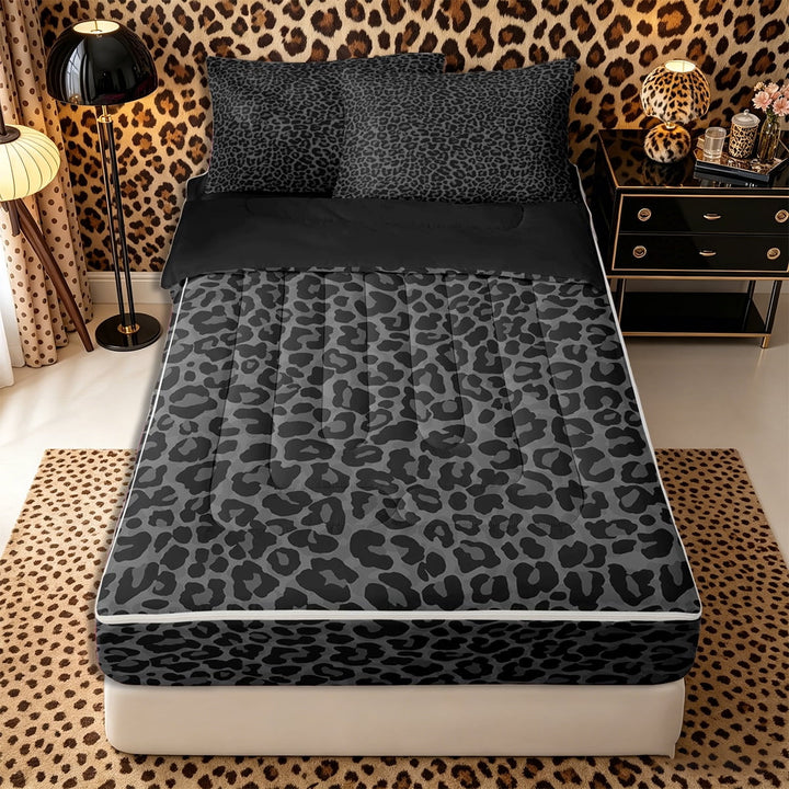 Meiyoeat Neutral Leopard Print Zipper Full Size Comforter Sets with Fitted Sheet and 2 Pillowcases, Monochrome Spot Pattern Zipper Bedding Set, Gray Black,4pcs,Black Reversible