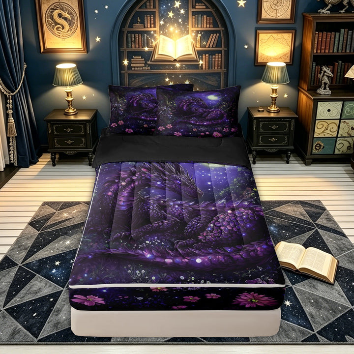 meiyoeat Moon Purple Forest Dragon Zipper Comforter Set with Fitted Sheet and 2 Pillowcases for Boys Girls Kids, Wildflower Night Sky Zipper Bedding Set, Purple Black, Black Reversible, 3-Piece