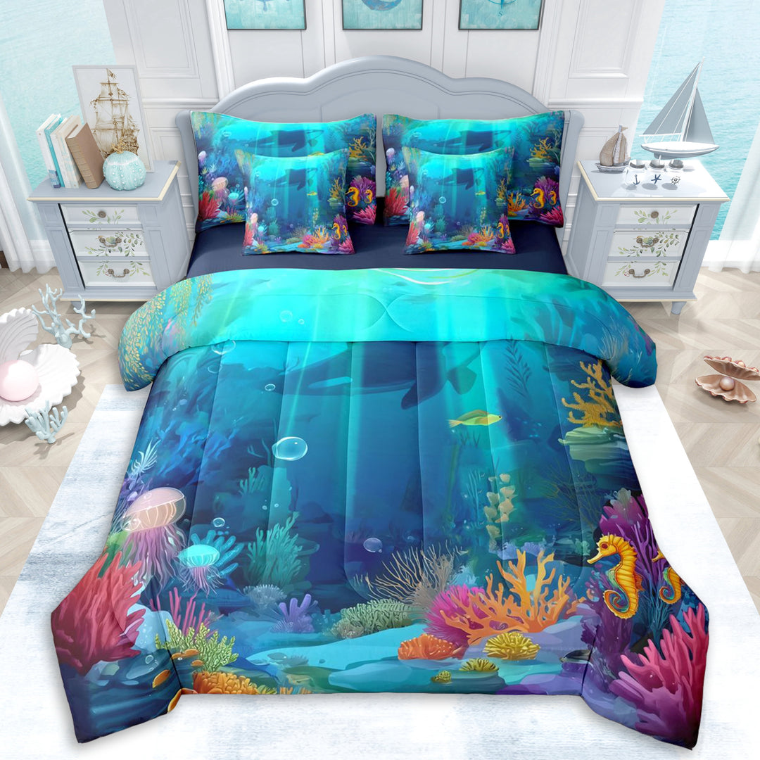 Erosebridal Marine Animal Whale Bedding Comforter Set 7pcs For Boys Girls,Sea Wildlife Queen Bedding Sets For Kids Teens,Navy Blue Reversible,Luxury Bedroom Decor