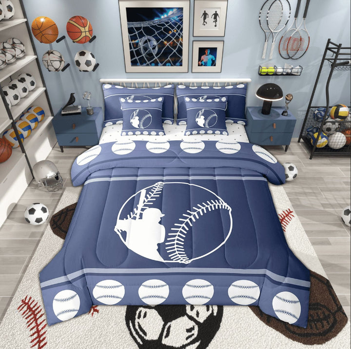 Erosebridal 7 Piece Baseball Twin Bed in a Bag,Navy Blue White Baseball Comforter Sets Sports Theme Room Decor,Ball Games Bedding Set with Fitted Sheet,Flat Sheet,Pillowcases &amp; Shams