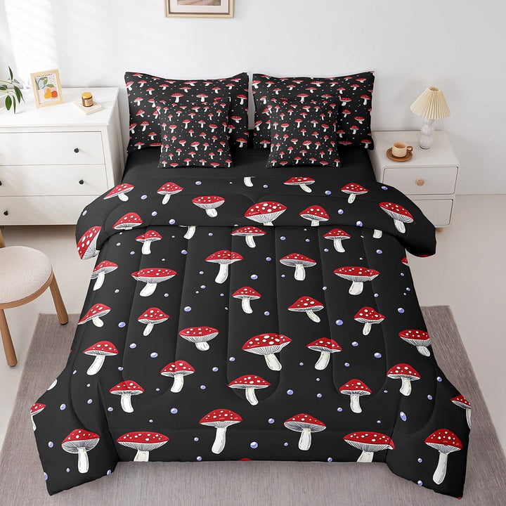Erosebridal Red Mushroom Bedding Full Size, Hippie Plants Bedding Accessories Bedroom Decorative, Reversible 7pcs