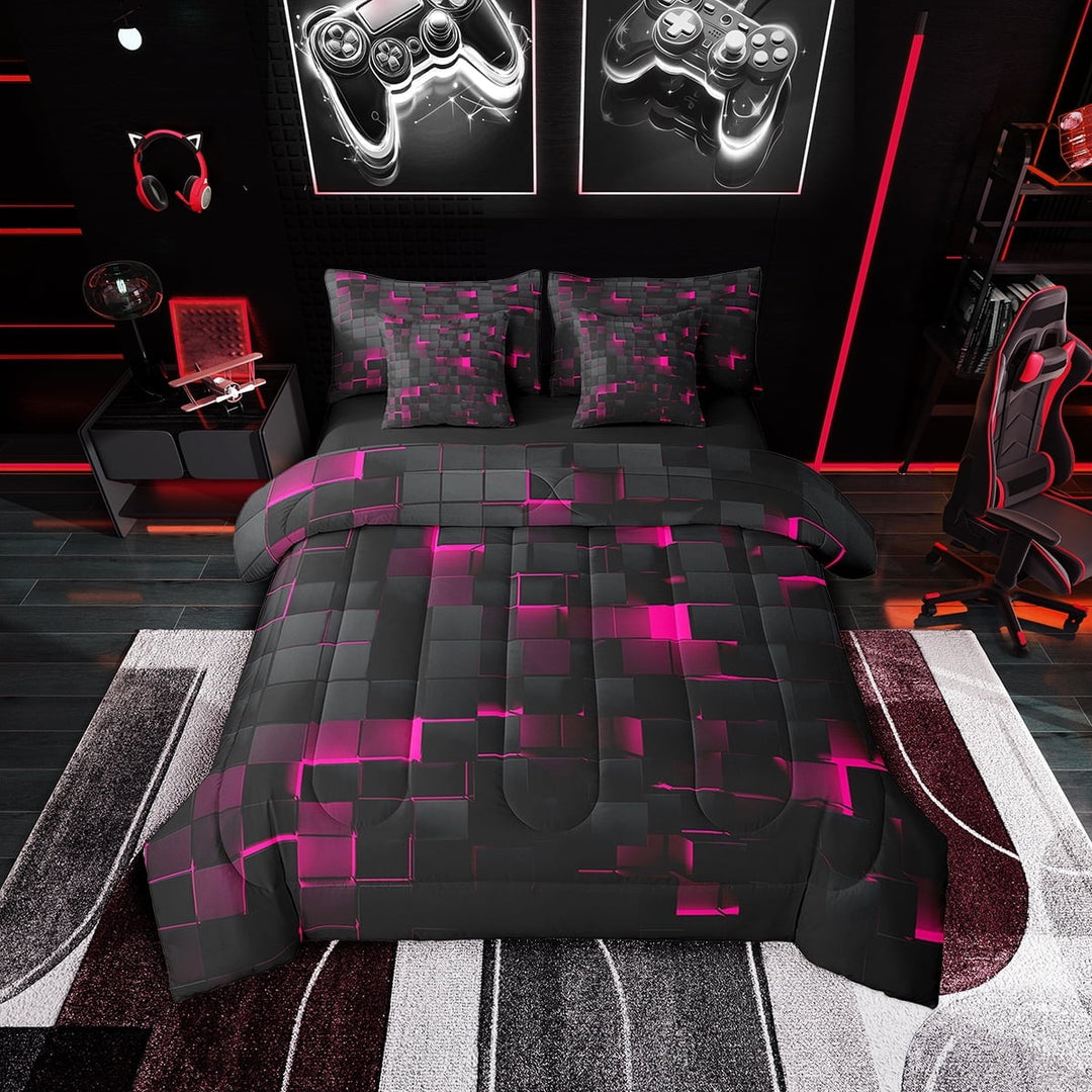 Erosebridal Neon Hot Pink Black Comforter Set 7 Piece Queen Geometric Checkered Bed in a bag Women,Abstract Plaid Grid Bedding Comforter Sets Stereoscopic Brick Wall Design Bed Set