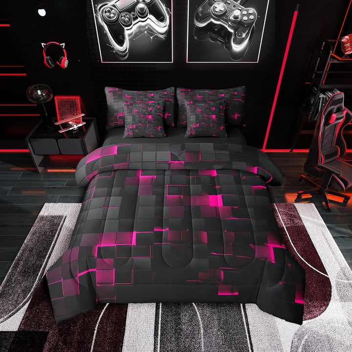 Erosebridal Neon Hot Pink Black Comforter Set 7 Piece Queen Geometric Checkered Bed in a bag Women,Abstract Plaid Grid Bedding Comforter Sets Stereoscopic Brick Wall Design Bed Set