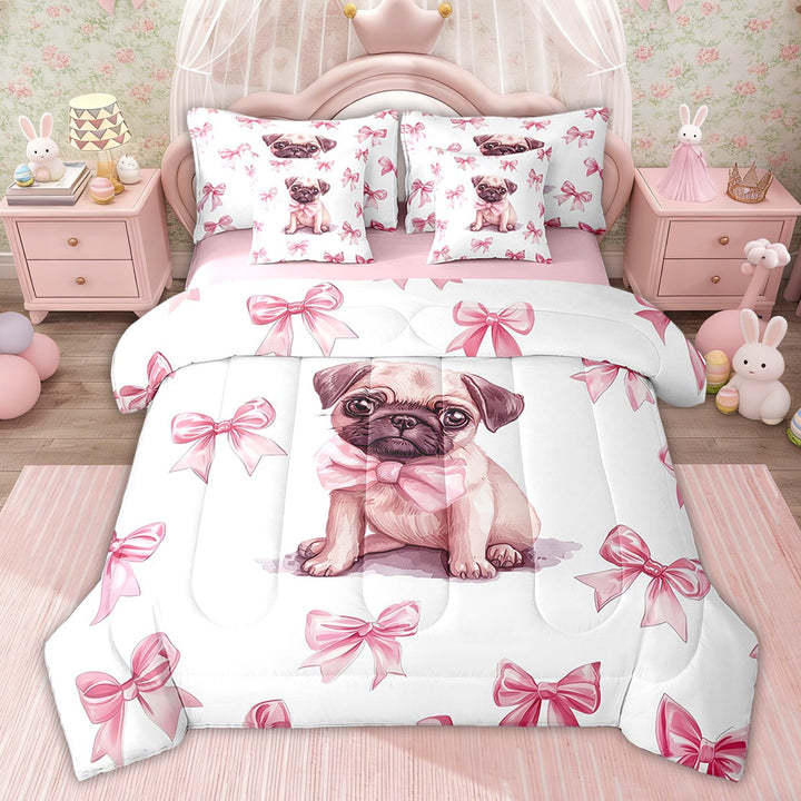 Erosebridal Kids Pet Pug Comforter Sets Twin Size, Kawaii Dog Bedding Comforter Set, Princess Style Decor, Pink Reversible 7pcs