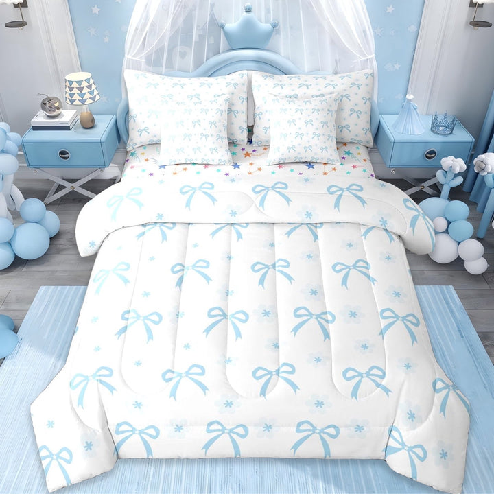 Erosebridal Cute Daisy Bowtie 7-Piece Twin Bedding Sets For Kids,Blue Cartoon Bowknot Bedding Comforter Set,Reversible