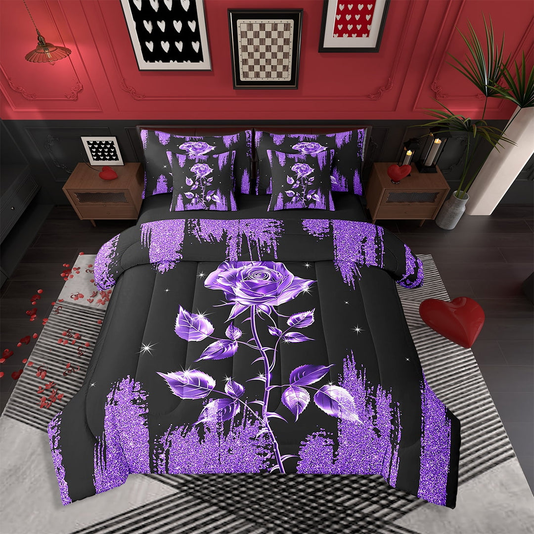 Black Purple Shiny 7 Pcs Comforter Set Queen, Rose Bed in a Bag for Women,Galaxy Glitter Sparkle(Not Real)Bedding Set with Flat Fitted Sheet Pillowcase and Sham