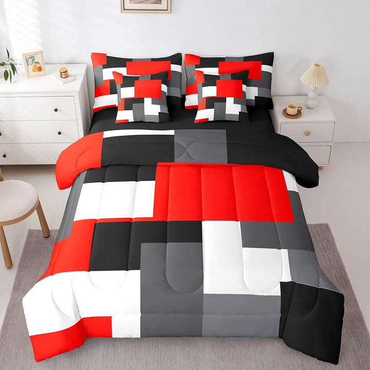 Erosebridal Abstract Plaid Bedding Sets Twin Size,Sqare Rectangle Comforter Sets with Sheets,Geometric Grid Bed in a Bag Twin size,Microfiber Geometry Room Decorative,Reversible,7pcs