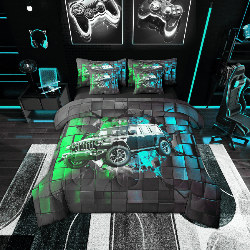 Erosebridal Fast Car Bedding Sets Twin Size,Extreme Sports Comforter Sets with Sheets,Plaid Buffalo Bed in a Bag Twin size,Super Cozy Teens Bedroom Decor,Reversible,7-Piece
