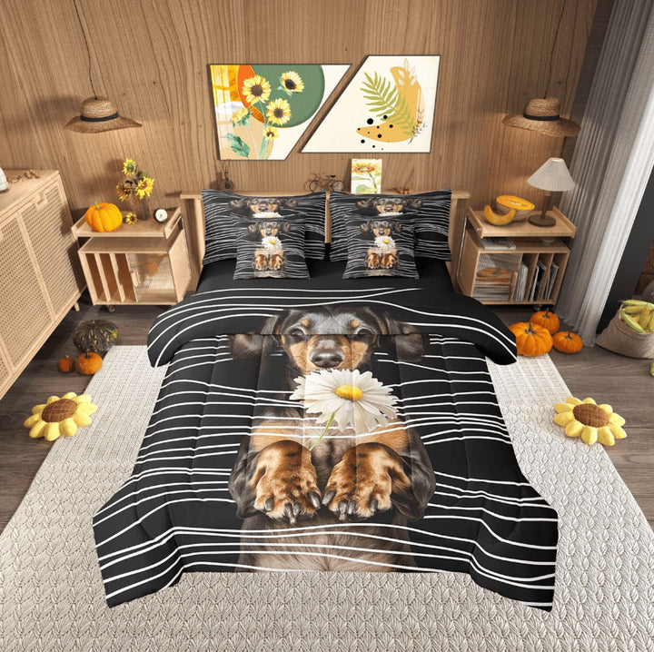 Erosebridal Animal Dachshund Bedding Queen Size,Geometric Stripes Bedding Sets Queen Size,Floral Daisy Comforter Sets with Sheets,Ultra Soft Dog Room Decor,Reversible,7 Pieces