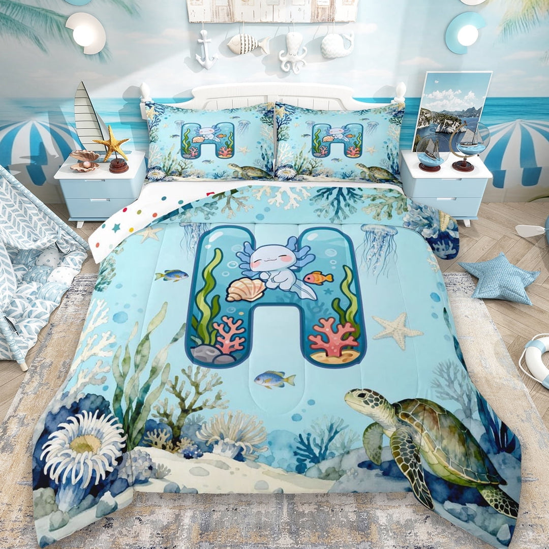 Erosebridal Cute Axolotl Kids Full Size Comforter Sets,Ocean Theme H Alphabet Bedding Sets For Boys,Reversible 3 Pieces